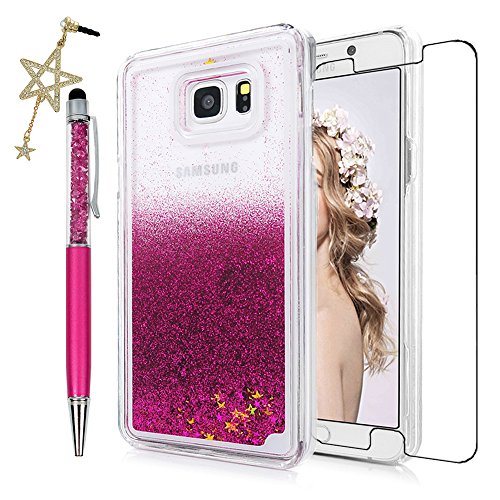 Badalink Case Compatible with Samsung Galaxy Note 5 Case - Quickstand Flowing Liquid Floating Bling Glitter Sparkle Stars Hard PC Cute Ultra Slim-Fit Protective Cover Stylus Pen Dust Plug - Hot Pink