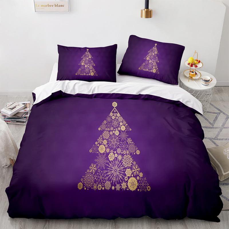Housse de couette 90x190 sapin de Noël pour lit enfant violet et taie d'oreiller 65x65