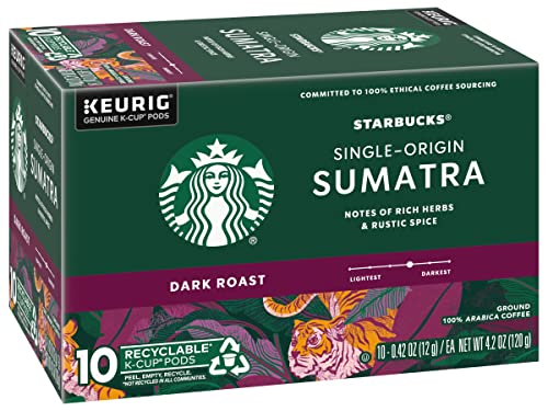 Image of Starbucks Coffee Company Starbucks Single-Origin Coffee K-Cup Pods, Sumatra, Dark Roast Ground Coffee K-Cups for Keurig Brewing System, 100percent Arabica Coffee, 10 CT K-Cups /Box (Pack of 2 Boxes)
