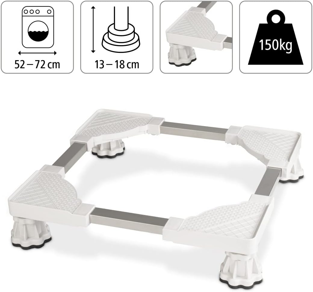 Xavax 00110232 adjustable washing machine and dryer base with dimensions 52-72 cm width/depth, 13-18 cm height, and 150kg load capacity.