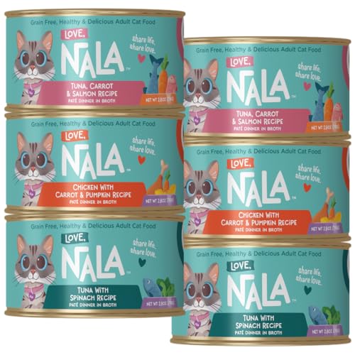 Image of LOVE, NALA - Natural Adult Cat Wet Food - Pate Variety Pack - Tuna, Chicken, Tuna and Salmon - Grain Free, Non-GMO, Fiber Blend, Minerals, Vitamins - 12 Pack 2.1 lbs.