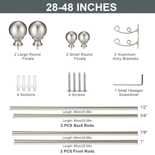 Double Curtain Rods Brushed Nickel, Double Rod Curtain For Window 28-48 Inches, Adjustable Double Drapery Rod With Round Finials, 1-Inch Front And 5/8 Inch Back Double Rod Curtain Rods #TOP6
