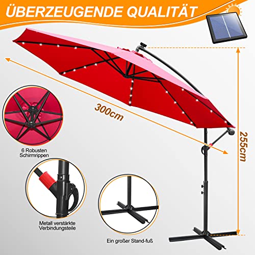 Sonnenschirm mit LED Fiqops Solar 350 cm rot mit Kurbel