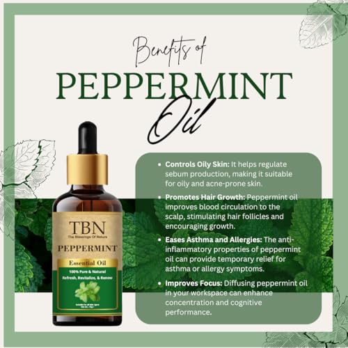 Image of TBN 100% Pure and Natural Peppermint Essential Oil For Skin & Hair, Steaming, Diffuser & Aromatherapy - Soothing Relief | Peppermint Aroma Oil for Home Fragrance | Helps in meditation - 15ML