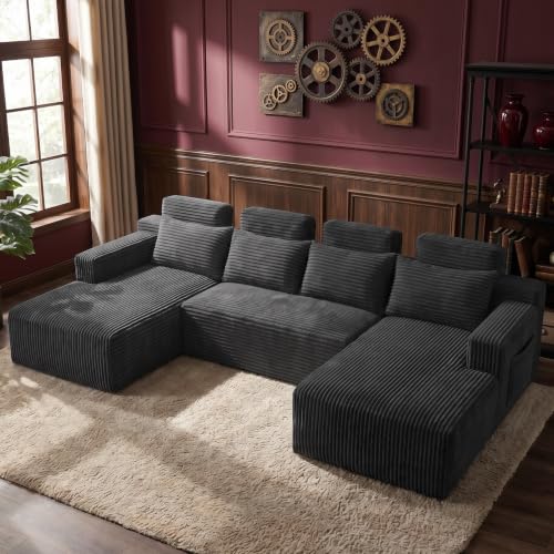 Image of Boneless Couch for Living Room, 113 inch Oversized U Shaped Modular Cloud Sofa with Deep Seat, 6 Seater Convertible Memory Foam Couches, No Assembly Plush Corduroy Sofa (Grey)