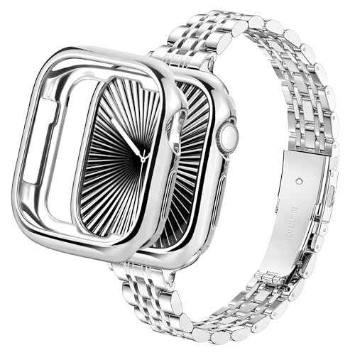 Image of wipalor Slim Stainless Steel Straps with Case for Apple Watch Straps Women 38mm 40mm 41mm, Ladies Metal iWatch Strap and Protective Cover for Apple Watch Strap Series 9 8 7 6 5 4 3 2 1 SE, Silver
