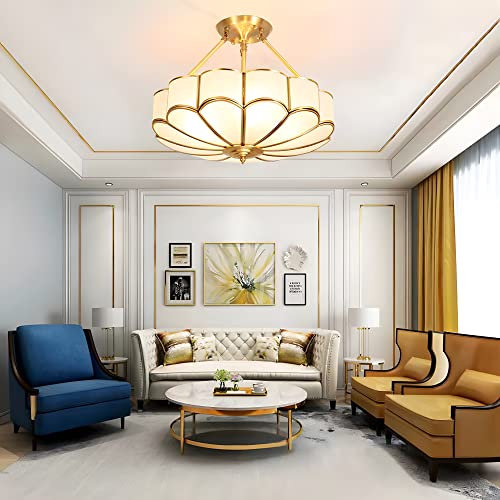 MIXL-4-Light Semi Flush Mount Ceiling Light,Brass Chandelier with Frosted Glass