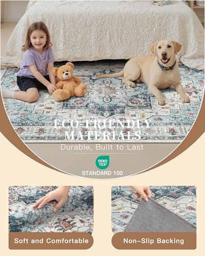 Madane Hallway Runner Rug 4x8 Wide: Washable Thin Runners for Hallways Entry, Non Slip Soft Vintage Kitchen Rugs Low Pile Carpet Runners for Living Room Bedroom Dining Room Foyer (Blue, 4x8)