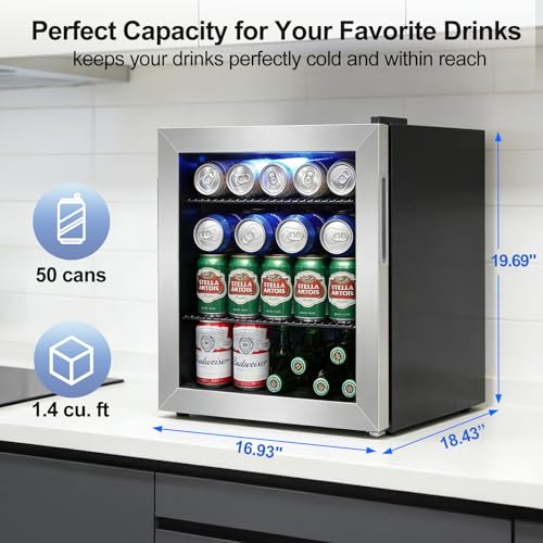 Image of Mini Fridge Cooler - 50 Can Small Beverage Refrigerator Stainless Steel Glass Door for Soda Beer Wine-Countertop Drink Cooler for Home, Dorm, Office or Bar, Electronic Temperature Control,1.4cu.ft.