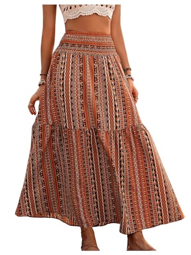 Milumia Women's Boho Tribal Swing Tiered A Line Maxi Skirt Smoked High Waist Flowy Ruffle Hem Long Skirts