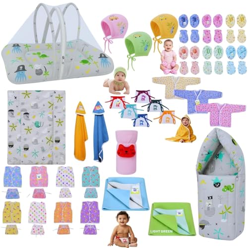 Image of Toddylon Baby Essentials for Newborn Kit 52 in 1 Cotton Combo | Newborns Infant Essentials Kit 0-6 Months | Infants Combo Set with Mattress Clothes & Hospital Kit (Grey)