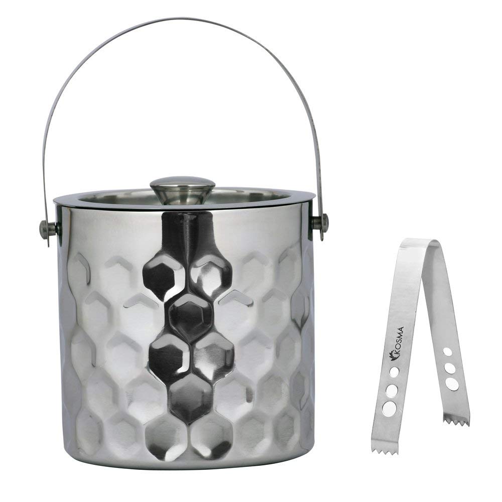 KosmaDesigner Stainless Steel Ice Bucket Double Wall and Ice Tongs, Size - 1.5 Litre, Hammered Finish | Ice Cube Bucket