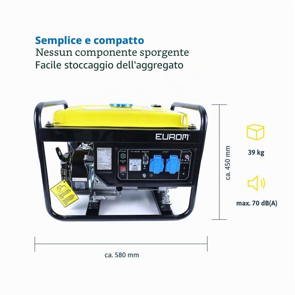 Generatore di corrente, 2000 W, carico massimo 2200 W, motore a 4 tempi, 7 CV, silenzioso, a benzina, inverter di corrente di emergenza, 2 prese Schuko