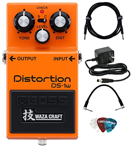 Image of Boss DS-1W Waza Distortion Effect Guitar Pedal Bundle with Gearlux Power Supply, Instrument Cable, Patch Cable, and Picks