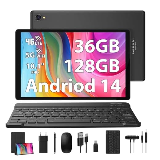 RUSHAR Tablet 10 Pollici Android 14 con doppia SIM 4G LTE e WiFi 5G,36GB RAM + 128GB ROM (1TB TF),Octa-Core 2.0 GHz,8000mAh,Bluetooth 5.0,GPS,8MP + 13MP,Tablet con Tastiera + Mouse + Manica,Nero
