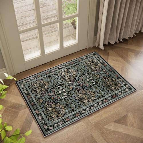 Image of Floral Entryway Rug, 2x3 Kitchen Rugs Non Slip Washable Traditional Design Vintage Floral, Soft Door Mat Indoor Entrance, Ultra-Thin Easy Clean Small Throw Carpet for Bedroom Bathroom