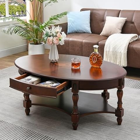 VERDANTREE Large Oval Coffee Table with Drawer for Living Room, Solid Wood Cocktail Table with Open Storage Shelf, Mid-Century Modern Sofa Center Table, Easy Assembly, Cherry Walnut KFZ1533WDDR Cover