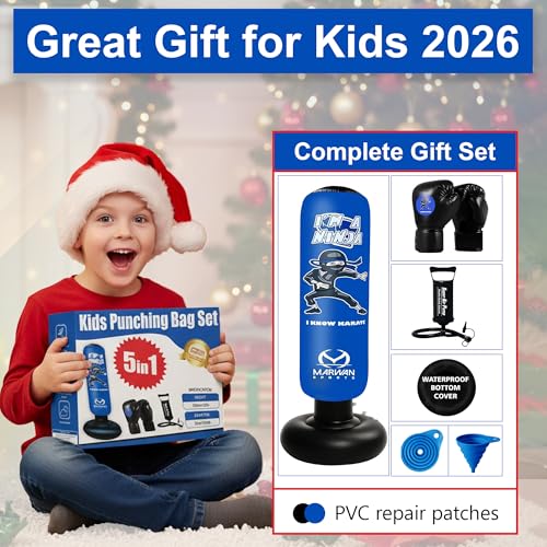 Image of Marwan Sports Ninja Kids Punching Bag - Inflatable Sensory Toy & Birthday Gift for Boys & Girls Ages 4-12, 63 inch Freestanding 5-in-1 Kit, Indoor Apartment-Quiet Sensory-Friendly Active Play