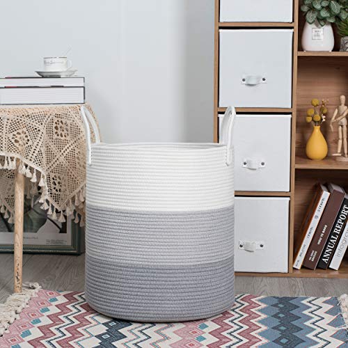 Mintwood Design Large 18 X 16 Inches Decorative Woven Cotton Rope Basket, Tall Laundry Basket Hamper, Blanket Basket For Living Room, Storage Baskets For Toys, Towel, Throw, Pillow, 3-Tone Light Grey #TOP5