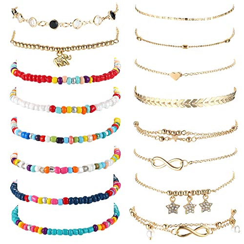 Dochais Tobillera de perlas de 16 piezas, tobillera colorida, para mujer, bohemia, ajustable, colorida, hecha a mano, resistente al agua, tobillera de perlas coloridas Cover