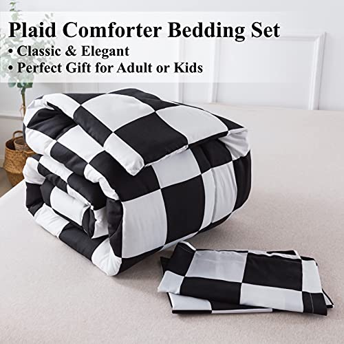 Andency Plaid Comforter Queen(90X90Inch), 3 Pieces (1 Plaid Comforter And 2 Pillowcases) Black White Checkerboard Lightweight Microfiber Geometric Bedding Comforter Set #TOP6
