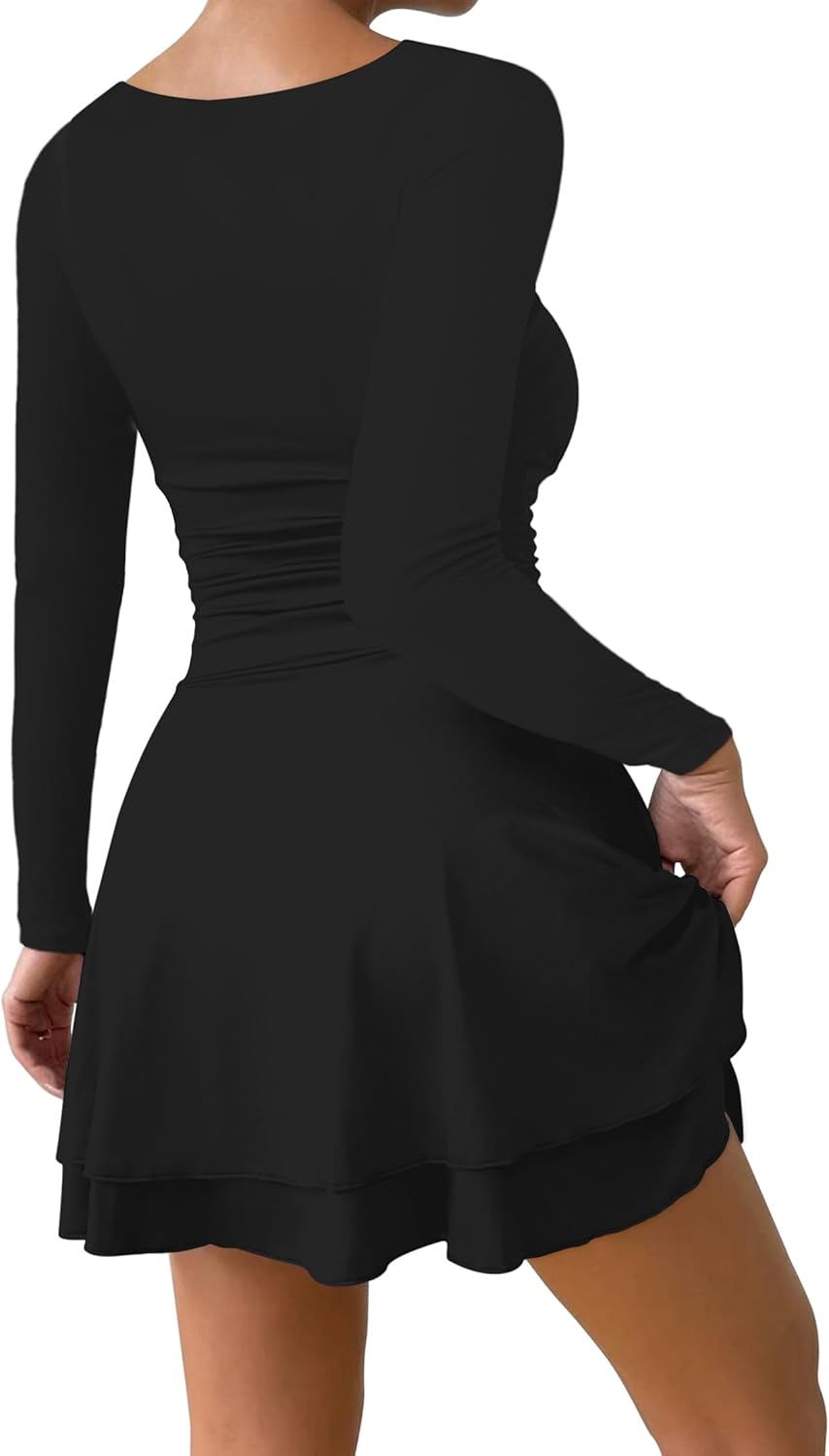 IWD Women's Square Neck Long Sleeve Mini Dress Ruched Corset Waist Tiered Ruffle Hem A Line Short Party Dresses - Image 4