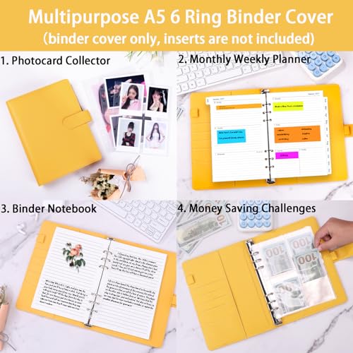 Image of Antner A5 Binder 6 Ring Refillable Notebook Planner Cover, PU Leather Aesthetic Small Binder Loose Leaf Photocard Holder Budget Planner for Cash Organizer with Magnetic Buckle, Lemon Yellow