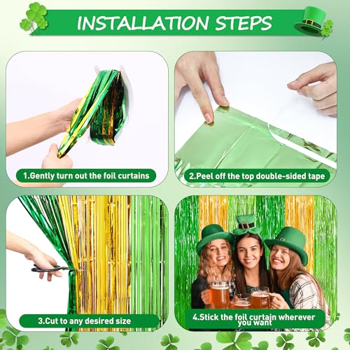 Image of Green Gold Light Gold Fringe Curtain Party Streamers 2Pack 3.3 x 8.3 Ft Foil Fringe Backdrop Curtains for Birthday Wedding Bridal Holiday Tinsel Streamers Green Party Decorations Door Streamer