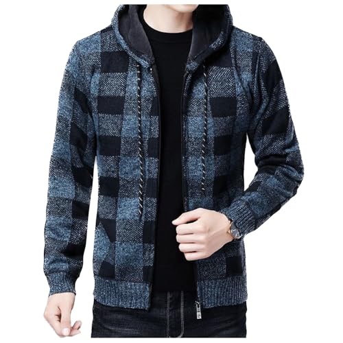 Lu's Chic Men's Long Sleeve Sweater Plaid Zip Up Fleece Lined Hoodie Slim Fit Hooded Knit Cardigan Warm Casual Jacket