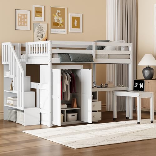 Loft Bed Full Size with Stairs, Bookshelf, Drawers, Desk, Multifunctional Loft Bed with Storage for Kids Teens, Space-Saving Design (White, Full)