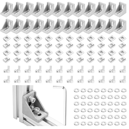 24 Set 3030 Series Aluminum Extrusion Profile Connector,Includes 24*Silver 2835 Corner Bracket M6 T-Slot Sliding Nuts and Hex Screw Bolt for 30S Aluminum Rail Accessories,168 Pieces by Cenipar