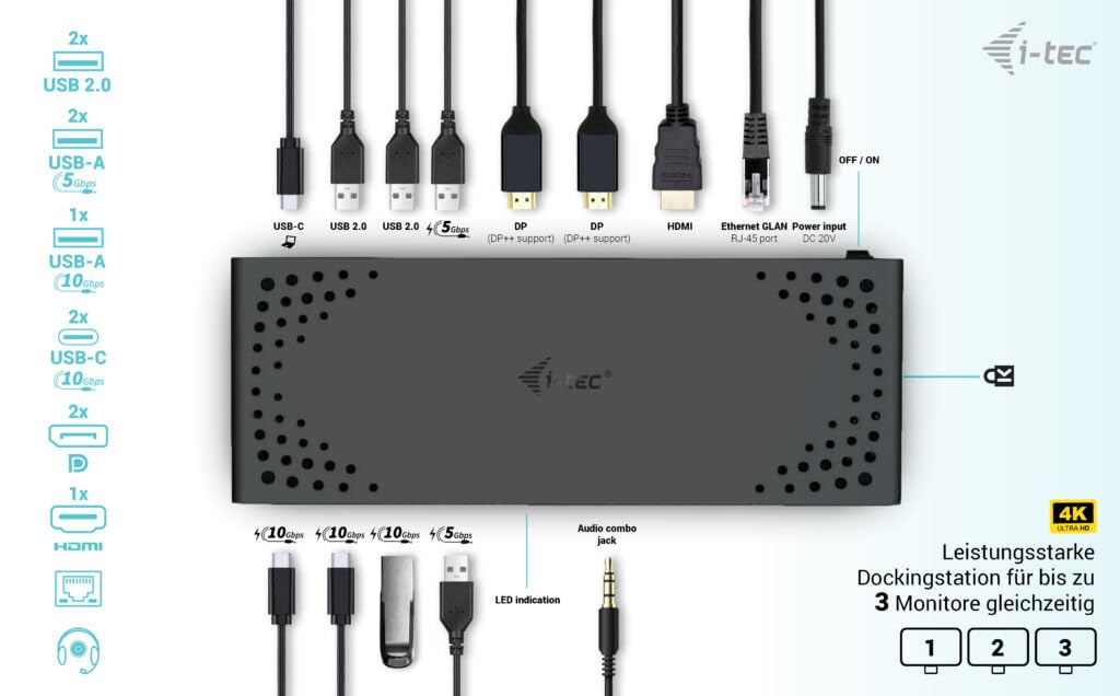 Estación de acoplamiento i-tec USB-C Triple Display Gen 2 100W 3x4K 7xUSB Ethernet Negro