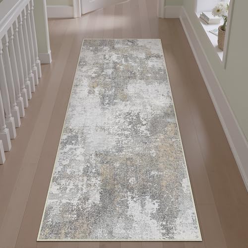 PureCozy Modern Abstract Runner Rug for Hallways Grey Non Slip