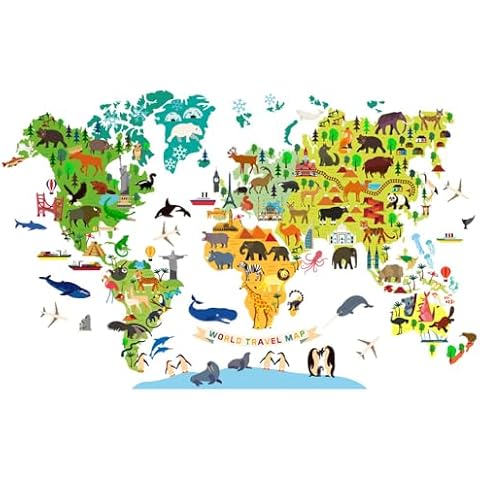 LiveGallery Cute Cartoon Animals World Map Wall Sticker Creative Simple Cognition Word Map Wall Sticker Peel and Stick Wall art Decor for Kids Nursery Classroom Bedroom Decoration (Animal 2) Cover