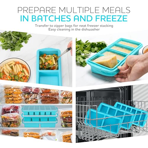 Image of Silicone Freezer Tray With Lid - Soup Freezer Container Molds Set Makes 2-Cup & 1-Cup 1 /2-cup Portions Cubes Perfect for preparing meals in different Portion Sizes Oven & Dishwasher-Safe