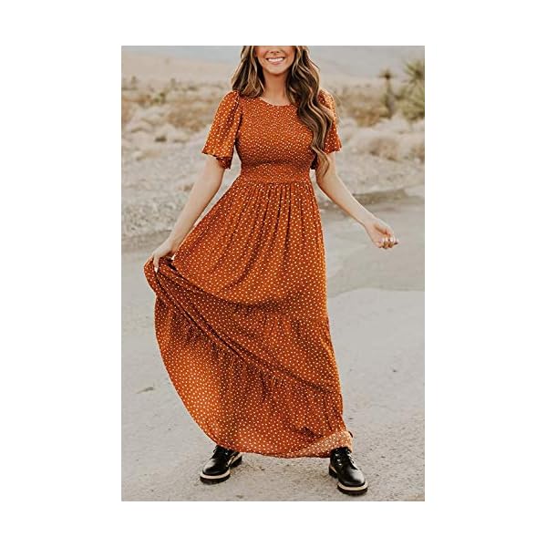 Women's Summer Dress for Women 2024 Spring Dress Short Flutter Sleeve Round Neck Casual Flowy Smocked Long Floral Maxi Dress Caramel M