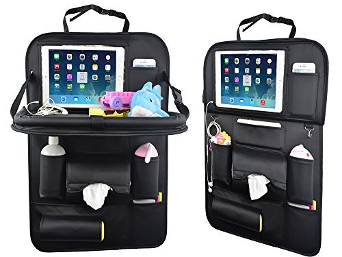 Image of Car Back Seat Organizer with Table Tray for Baby PU Leather Foldable Dining Table Desk SUASI Back Seat Tablet Ipad Holder Tissue Storage Bag Pockets for Kids Travel(1 Pack)