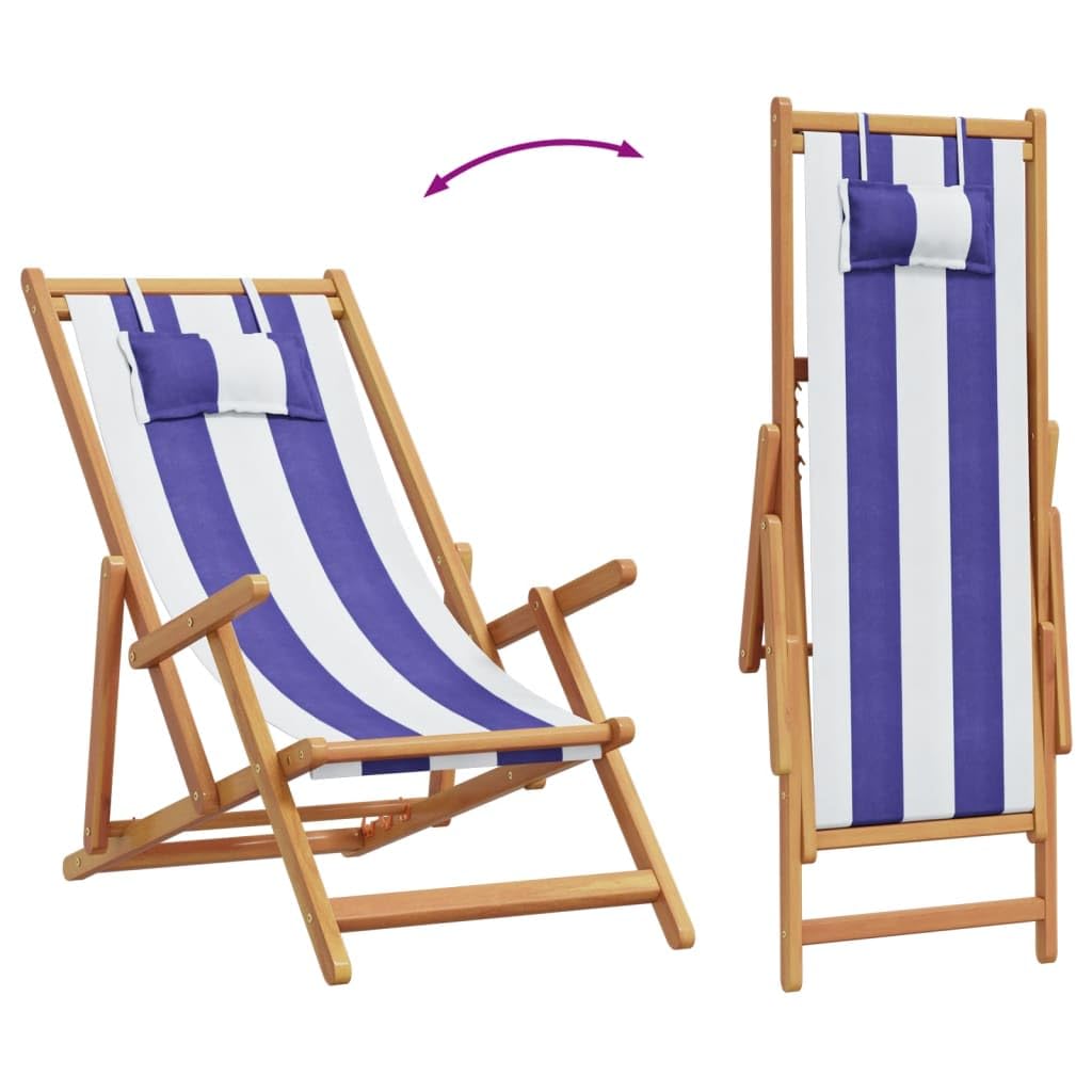 vidaXL Chaise de Plage Pliable Bleu et Blanc Bois d'eucalyptus/Tissu, Chaise Longue, Chaise d'extérieur, siège d'extérieur, Chaise de Camping