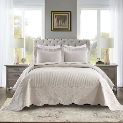 MarCielo 3-Piece 100% Cotton Oversized Bedspread Lightweight Quilt Coverlet Embroidery Farmhouse Bedding Set (TG Yellowish Beige, Oversized King (118"x106"))