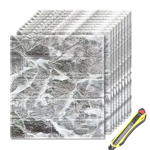 Hyesrtey 10 Stück 3D Wandpaneele 35x38.5cm Selbstklebend Küchenrückwand Ziegel Tapeten Steinoptik 4 mm Steintapete Wandaufkleber Wasserdicht Wandtapete für Küche Schlafzimmer (Gris)