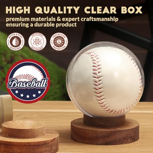 Image of JupDec Baseball Display Case, Round Clear Ball Holder with Wooden Base, Autograph Baseball Stand Box for Single Ball, Acacia Wood, Brown