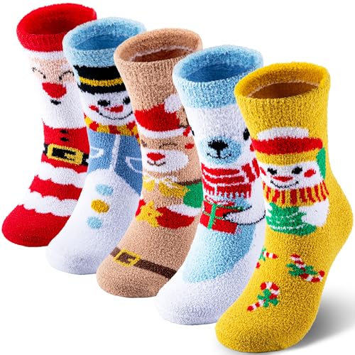 Image of Labeol 5 Pairs Christmas Fuzzy Socks for Women Gifts,Funny Cute Cozy Fluffy Thermal Winter Warm Fuzzy Socks