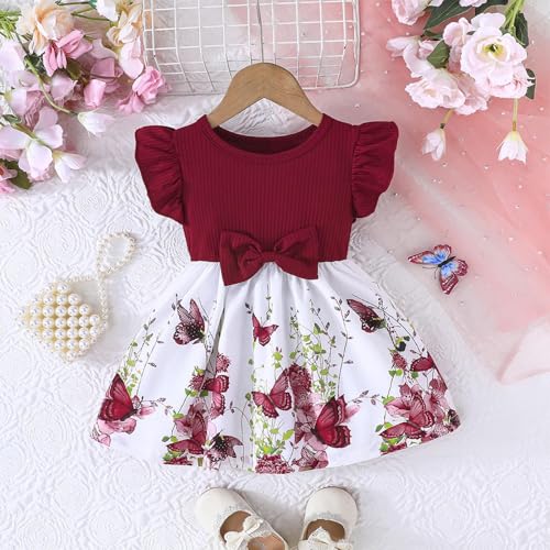 Toddler Girl's Butterfly Ruffle Cap Sleeve A Line Dress Birthday Party Bow Flared Dresses Casual Bowknot Clothes Outfit 3M-3T2