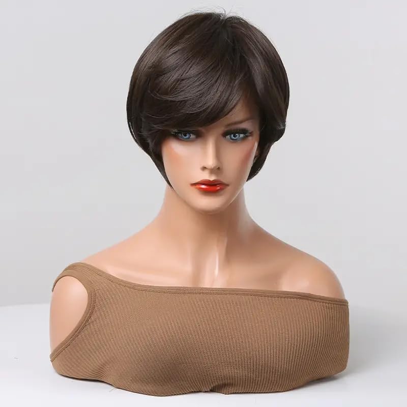 Sponsored Ad - Short Brown Bob Wigs With Full Bangs Natural Looking Synthetic Hair Wigs For Women WigCap (Brown)