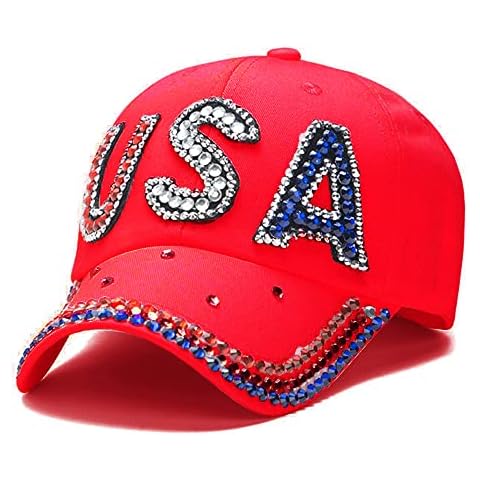 Gamusi Unisex USA American Flag Baseball Cap Denim Distressed Rhinestone Hat for Adults, Usa Red, One size Cover