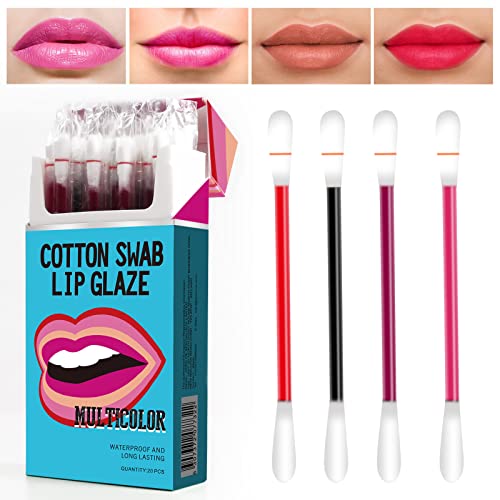 20Pcs Tattoo Lipstick Cotton Swab Matte Lip Tint, Tattoo Lipstick Cotton Swab Lip Gloss, Durable Waterproof Disposable Liquid Non-Stick Lipstick (Multicolor)