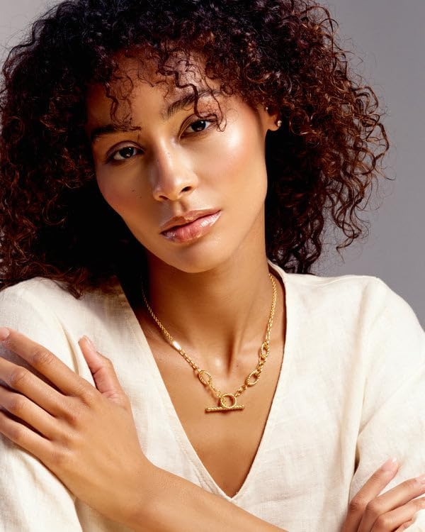 VÓEN Nova Textured 14K Gold Chain Necklace for Women, Gold Plated over Brass T-Bar Toggle Clasp, 18 Inch Layering Jewelry & Gift - Image 3