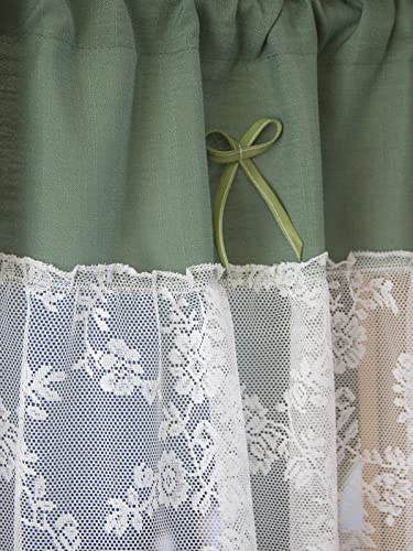 Cortina cocina ventana pequeña con visillo transparente, cenefa rústica de tul verde floral 4