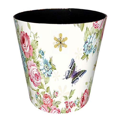 HMANE 10L 2.64 Gallon PU Leather Decorative Trash Can Waterproof Wastebasket Paper Basket Garbage Bin for Home Office Bathroom - Rose and Butterfly 1