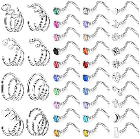 ZS Stainless Steel Nose Studs Nose Rings Hoop 20G Nose Bone/L Shaped/Nose Screw Rings Set Body Jewelry Piercing Fake Nose Rings for Women (F Set)